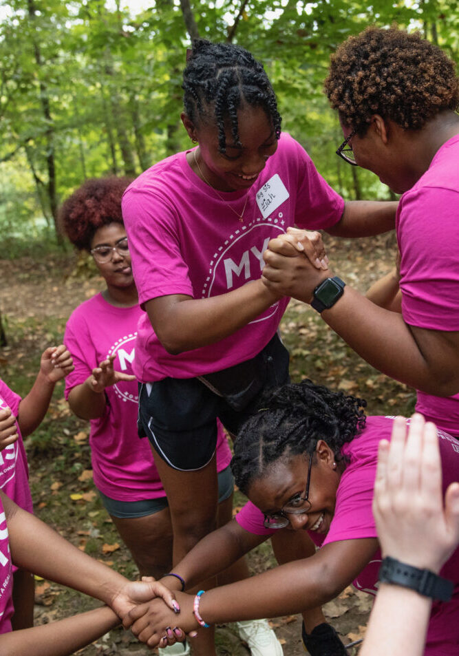 Students participating in a teambuilding activity